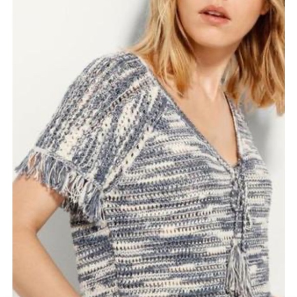 Massimo Dutti crochet open knit top tassel fringe trim blue cream boho medium - Picture 6 of 16